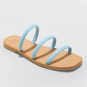 A New Day Womens Sandals Size 9 Blue Triple Strap Flat Slide Summer Shoe